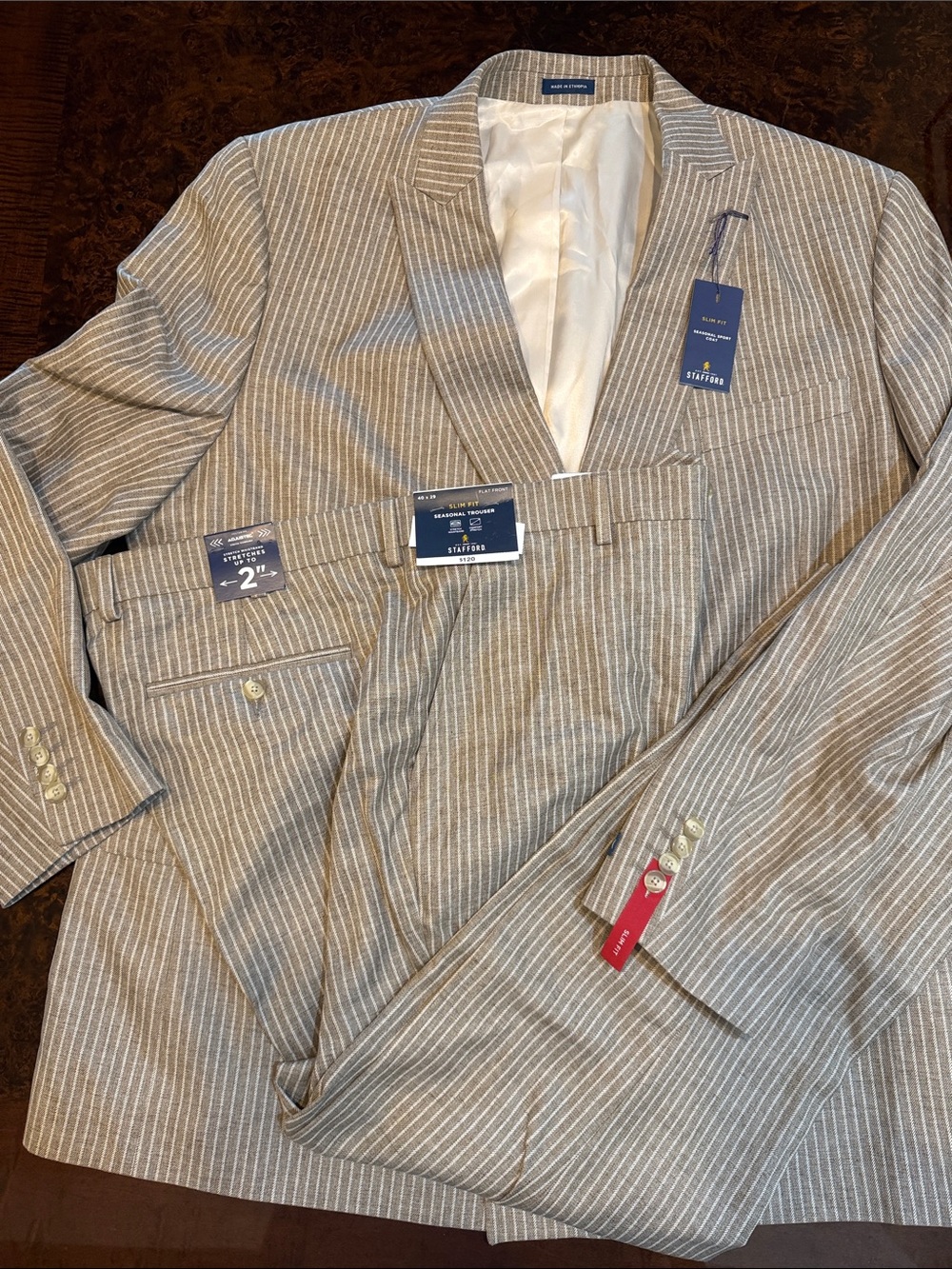 Stafford Men’s Tan & White Pinstripe Suit Jacket